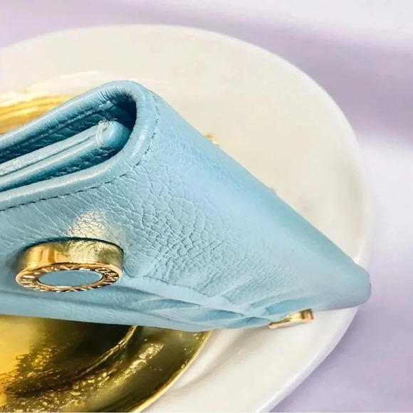 Rare Bvlgari Double Logo Blue Leather Flap Trifold Long Wallet - Picture 9 of 15